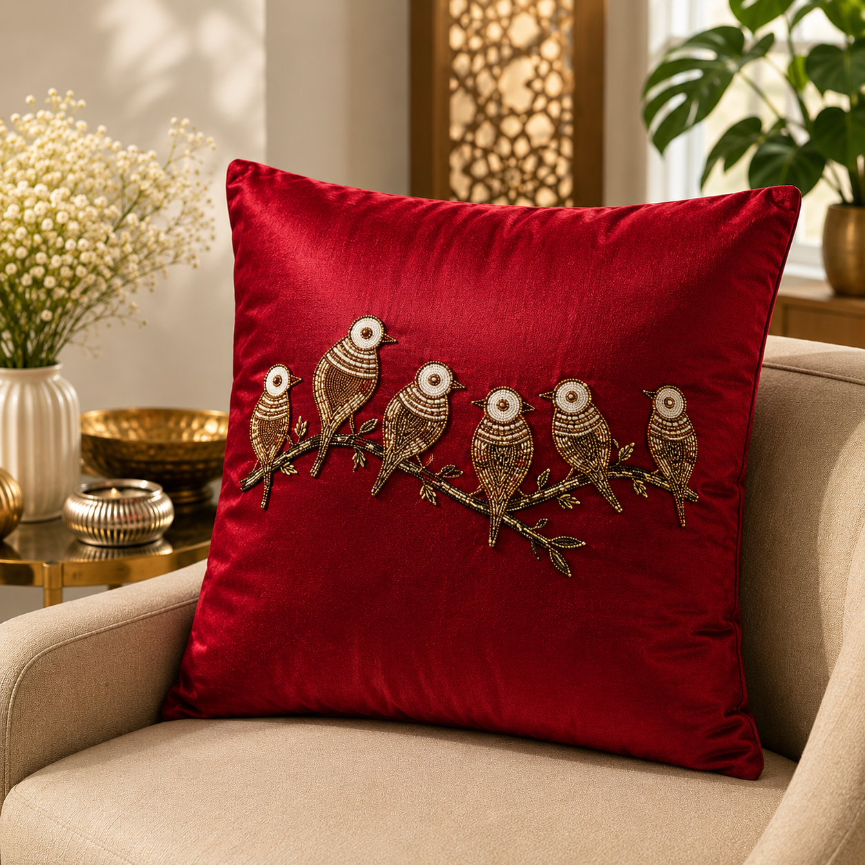 Crimson Songbird Cushion Cover
